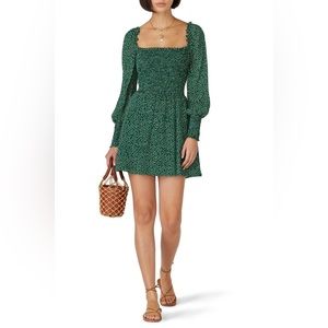 Reformation green puff long sleeve smocked bodice sheer mini dress